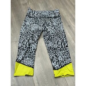 Onzie Capri Leggings Women XS Black White Leopard Print Yellow Trim Athleisure